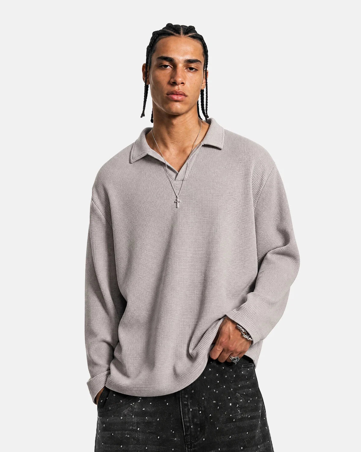 Front view of a washed waffle polo shirt with a Johnny collar