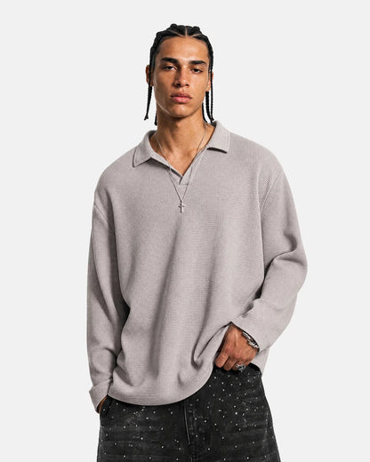 Front view of a washed waffle polo shirt with a Johnny collar
