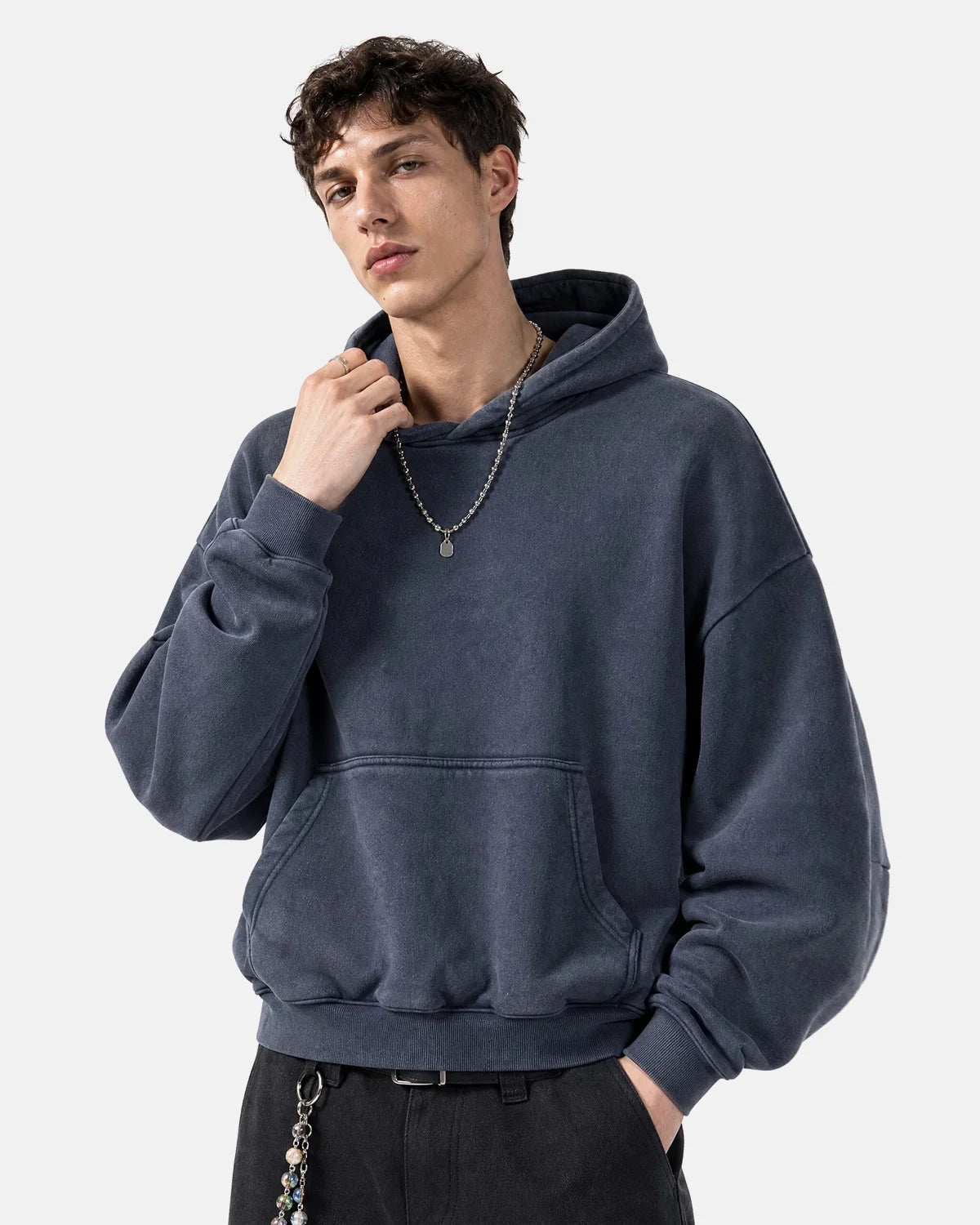 Washed fleece boxy hoodie styled for everyday streetwear