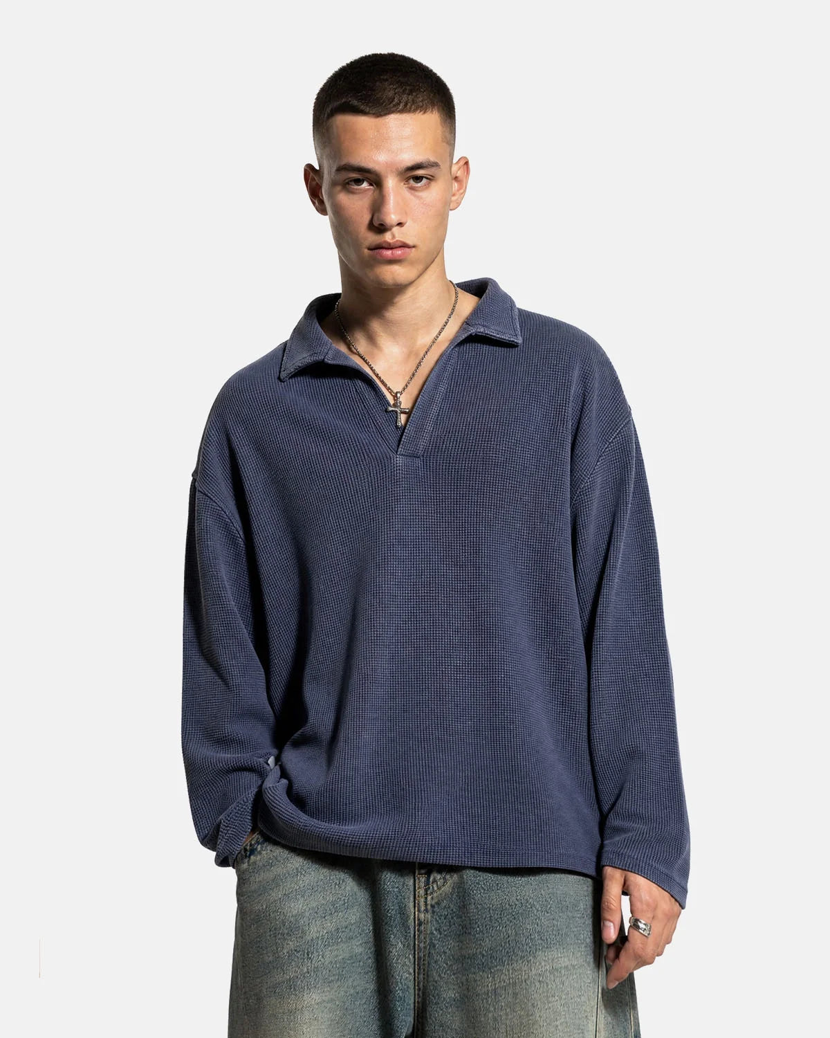 Washed Waffle Polo Shirt Boxy Long Sleeve Streetwear