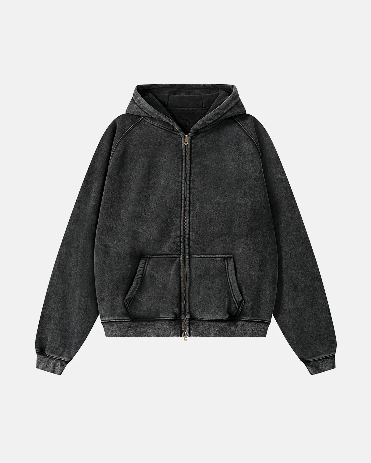 Close-up view of the soft washed fabric and boxy hoodie fit