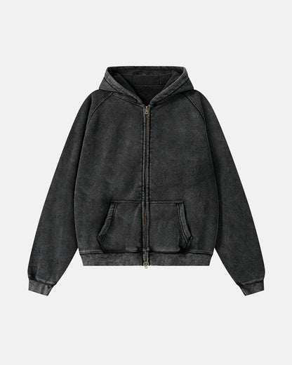 Close-up view of the soft washed fabric and boxy hoodie fit