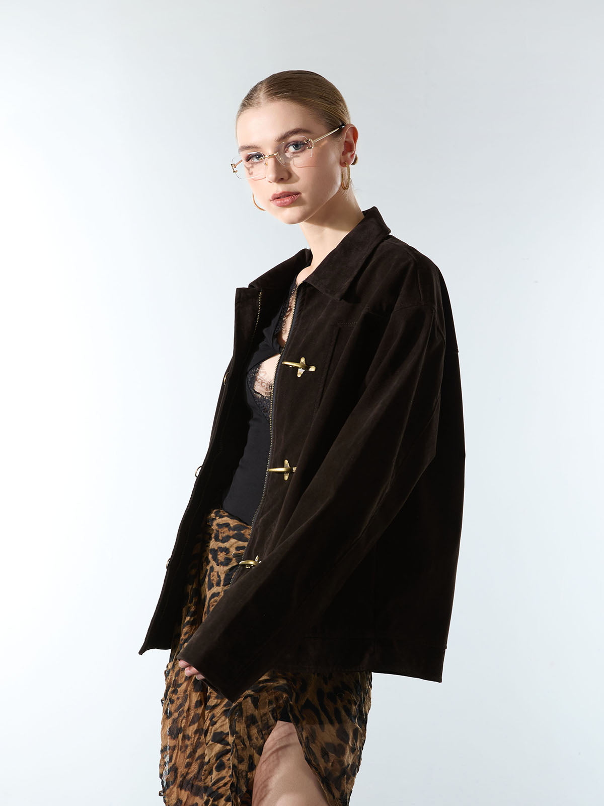 Retro Suede Bomber Jacket with Metal Button Lapel