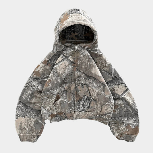 Camouflage Zip-Up Hoodie with Woodland Print