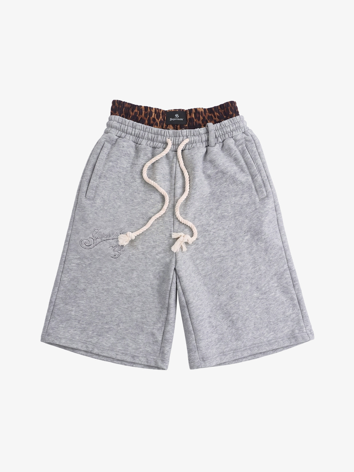 Front view of double waist jogger shorts in heathered cotton blend