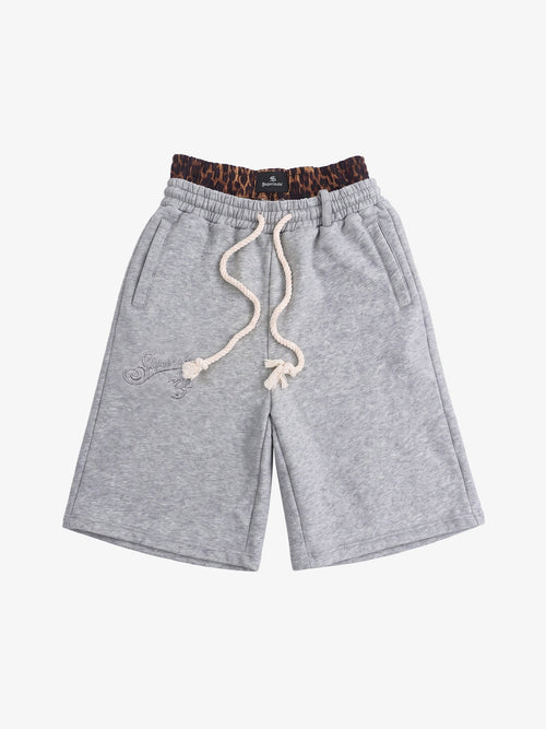 Front view of double waist jogger shorts in heathered cotton blend