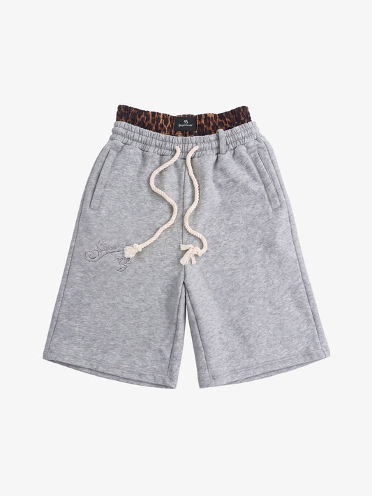Front view of double waist jogger shorts in heathered cotton blend