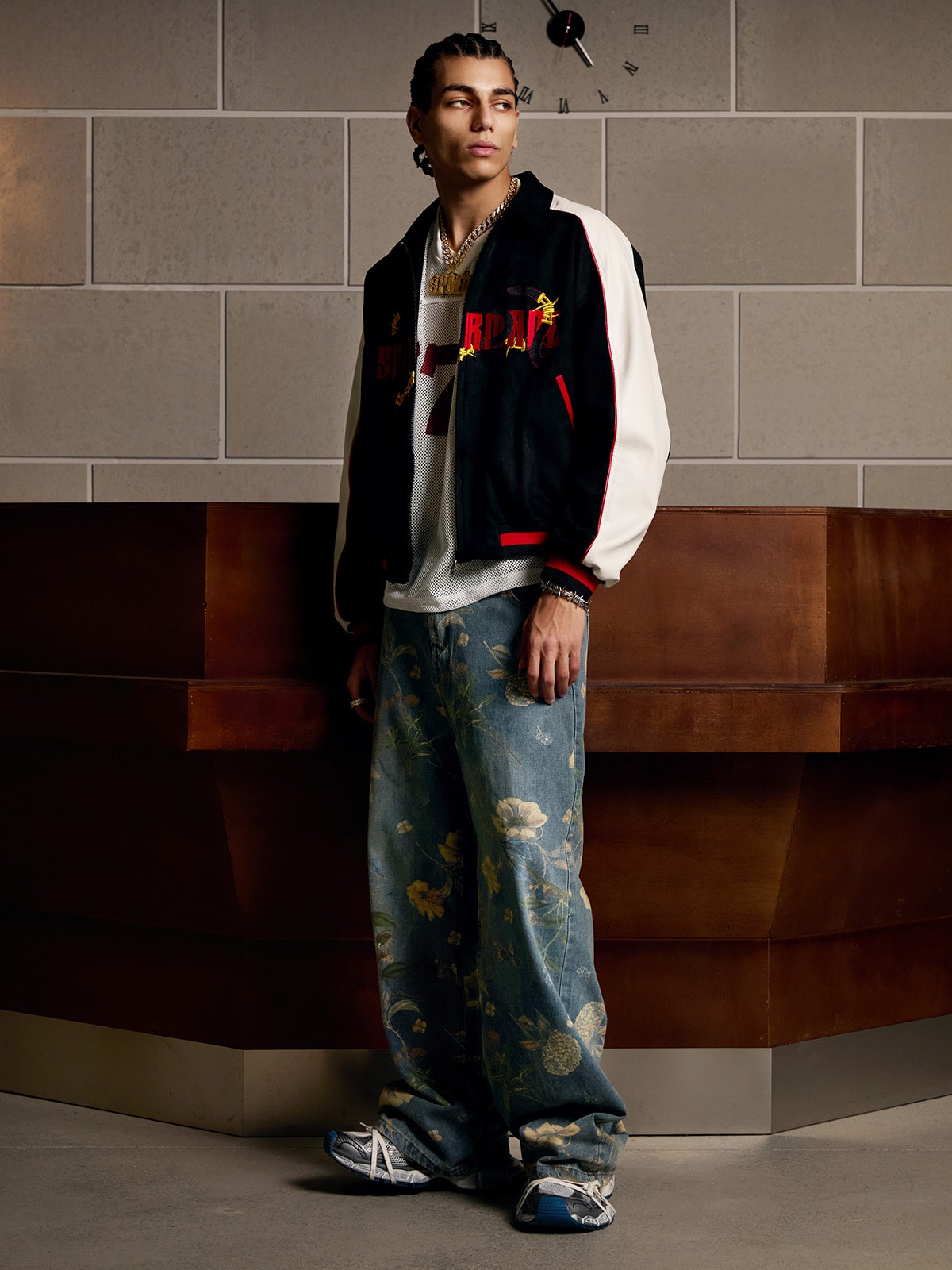 Floral Print Denim Carpenter Jeans