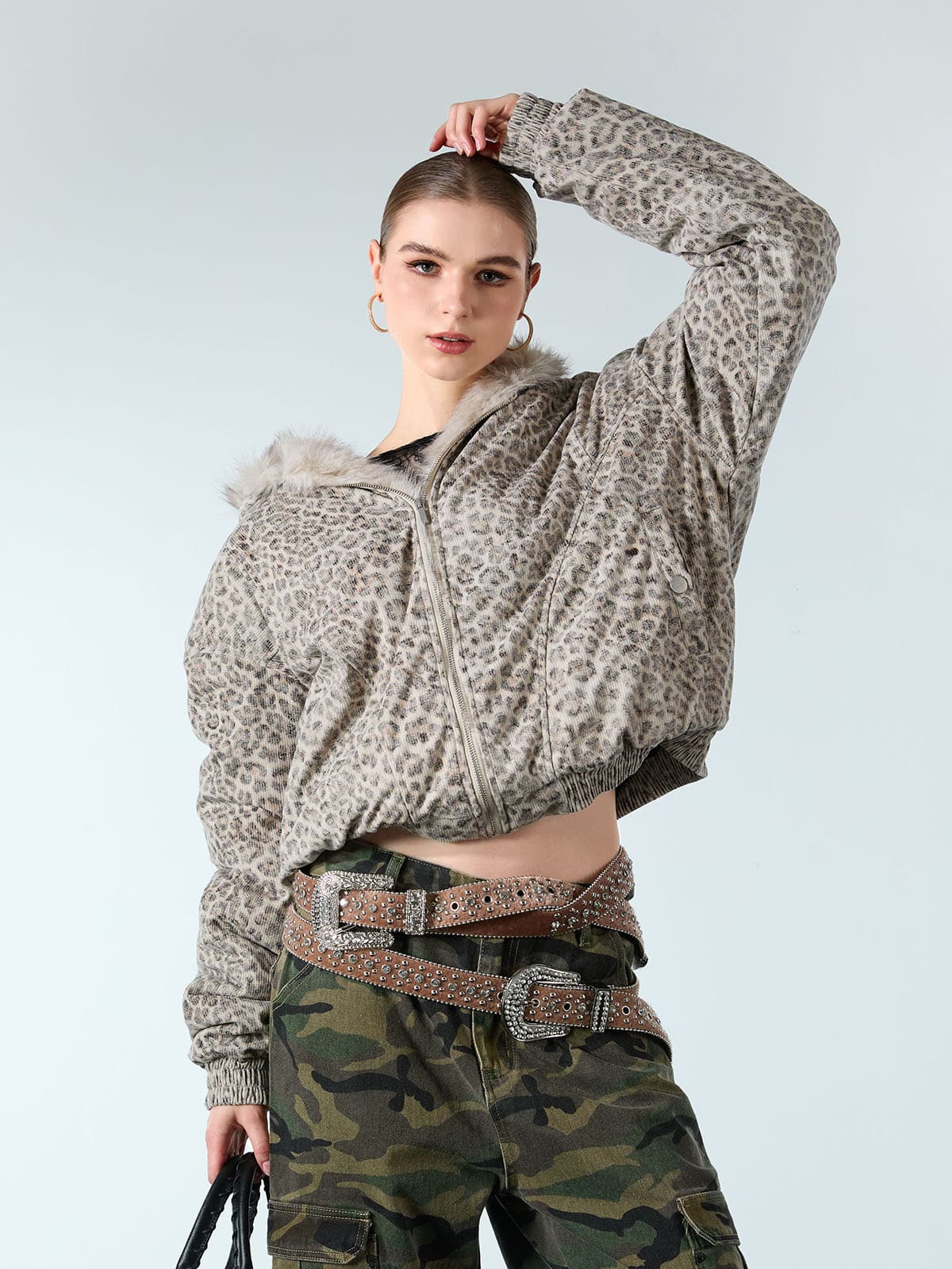 Cheetah Print Hooded Jacket with Faux Mink Fur Trim