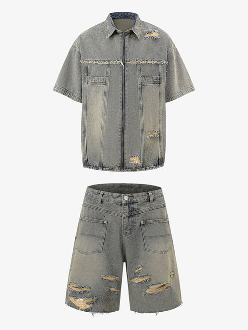 Men's Ripped Distressed Denim Jacket and Pants Set