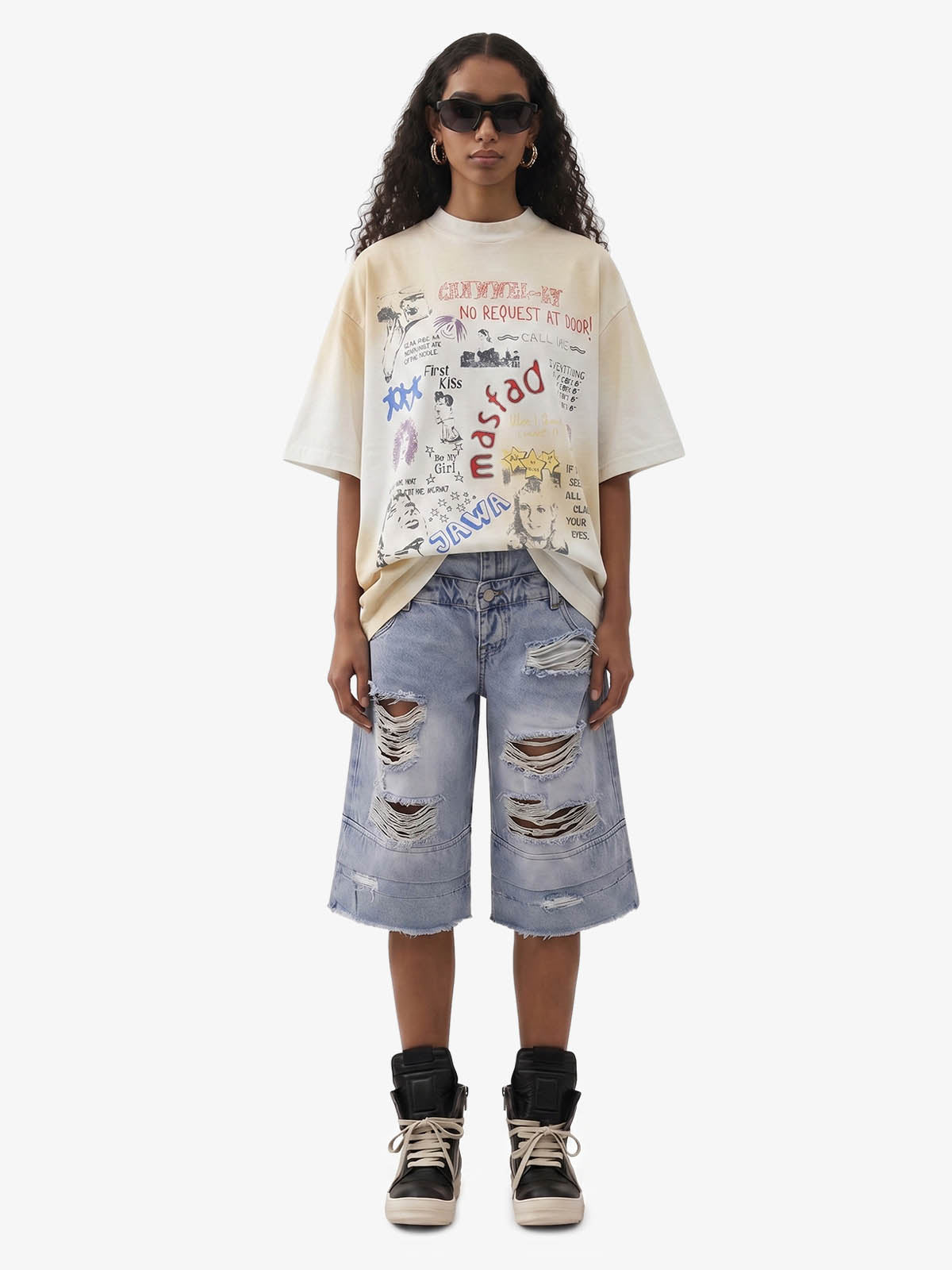 Revelse™  Unisex Cotton Graffiti Print Loose Fit T-Shirt White
