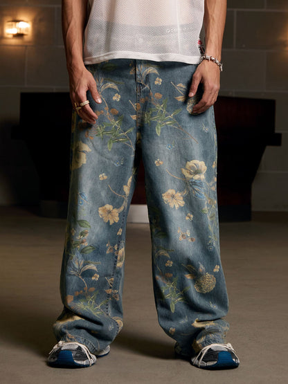 Floral Print Denim Carpenter Jeans