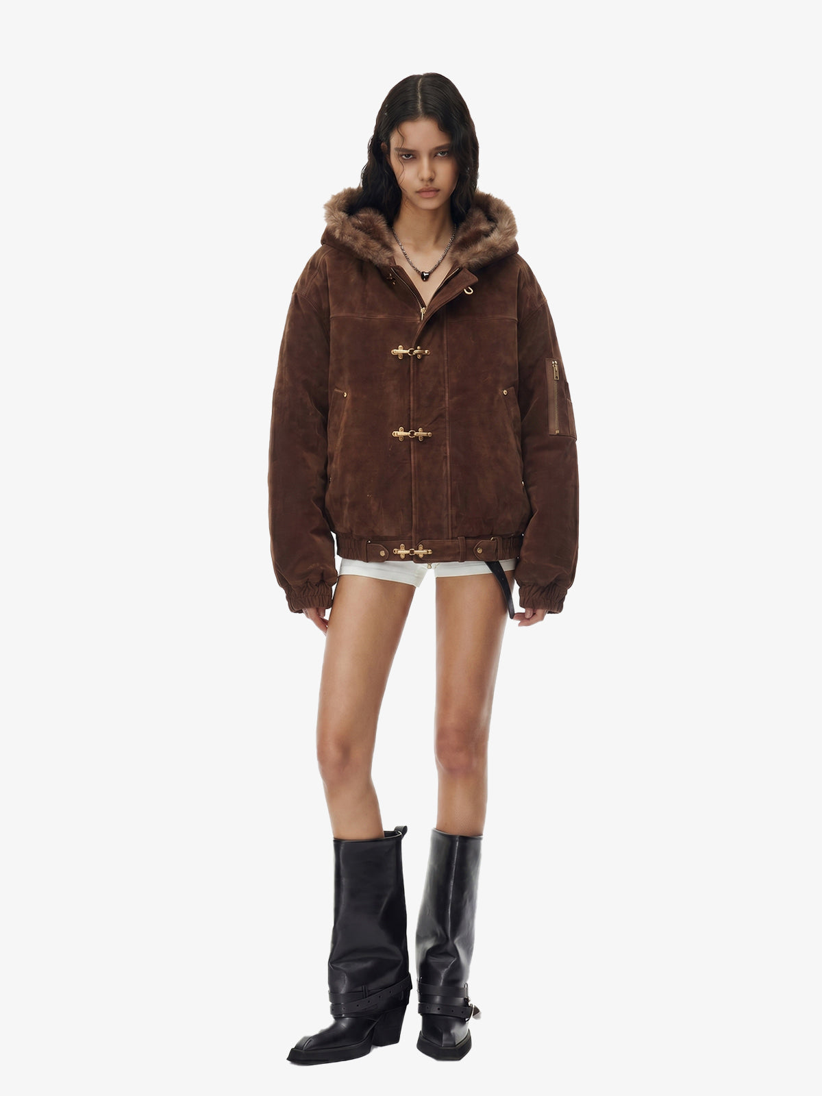Faux Fur Hooded Suede Bomber Jacket with Metal Clip Streetwear
