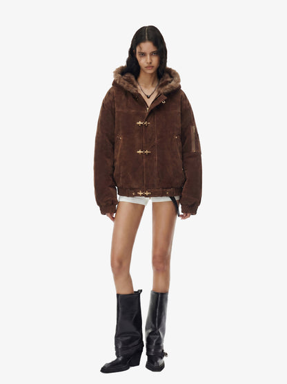 Faux Fur Hooded Suede Bomber Jacket with Metal Clip Streetwear