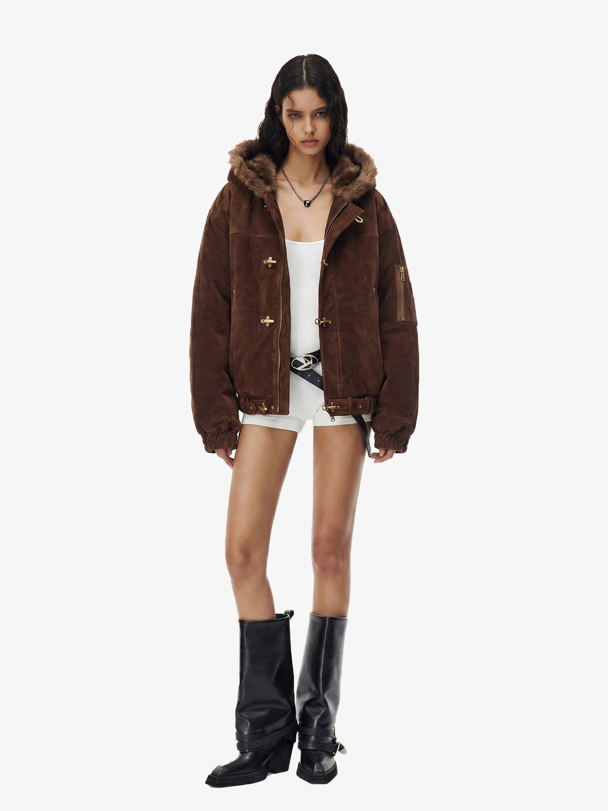 Faux Fur Hooded Suede Bomber Jacket with Metal Clip Streetwear