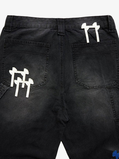 Side view of colour-block streetwear jeans with wide legs