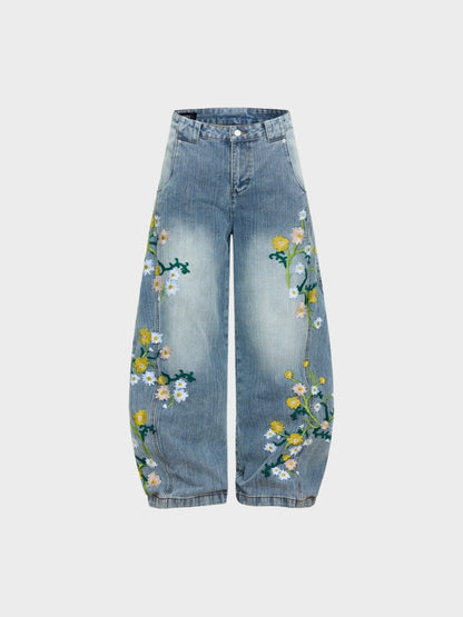 Revelse™ Baggy Wide-Leg Cotton Blend Denim Jeans Floral Embroidered