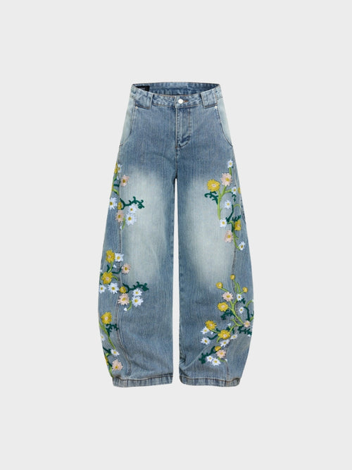 Revelse™ Baggy Wide-Leg Cotton Blend Denim Jeans Floral Embroidered