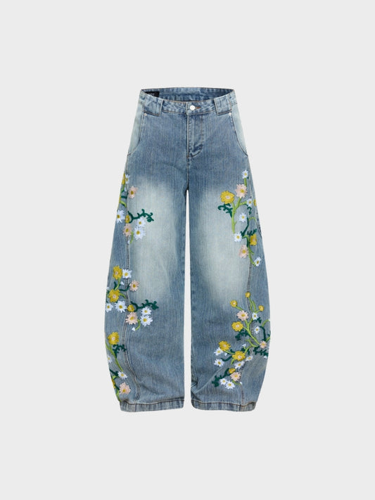 Baggy Wide-Leg Cotton Blend Denim Jeans Floral Embroidered