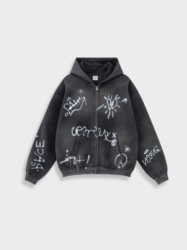 Unisex Graffiti Print Washed Zip-Up Hoodie