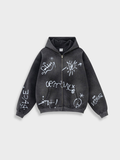 Unisex Graffiti Print Washed Zip-Up Hoodie