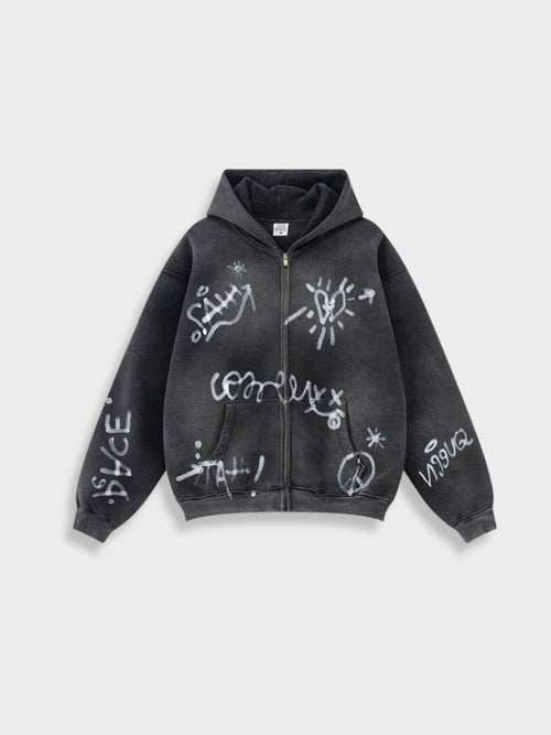 Revelse™ Unisex Graffiti Print Washed Zip-Up Hoodie