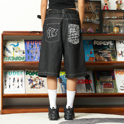 Men’s Graffiti Print Denim Shorts Hip-Hop Streetwear