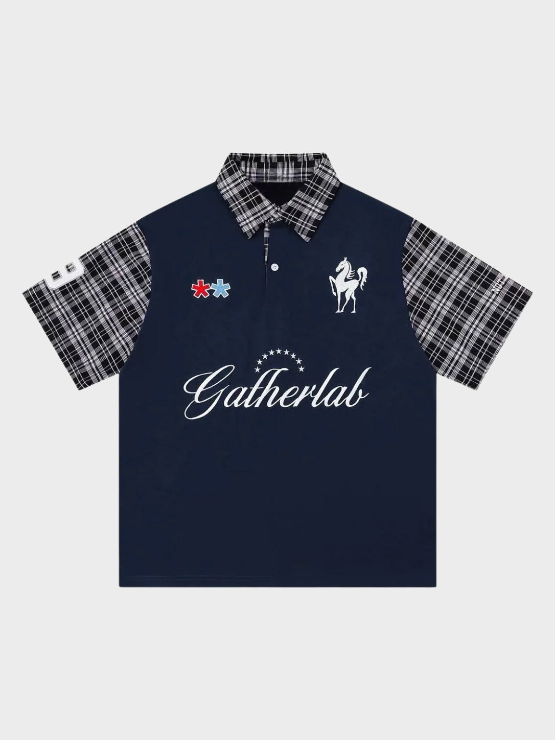 Plaid sleeve cotton polo shirt shown from the front