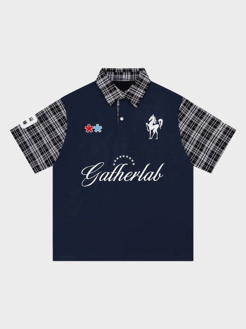 Plaid sleeve cotton polo shirt shown from the front