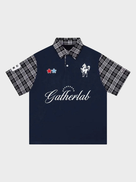 Plaid sleeve cotton polo shirt shown from the front