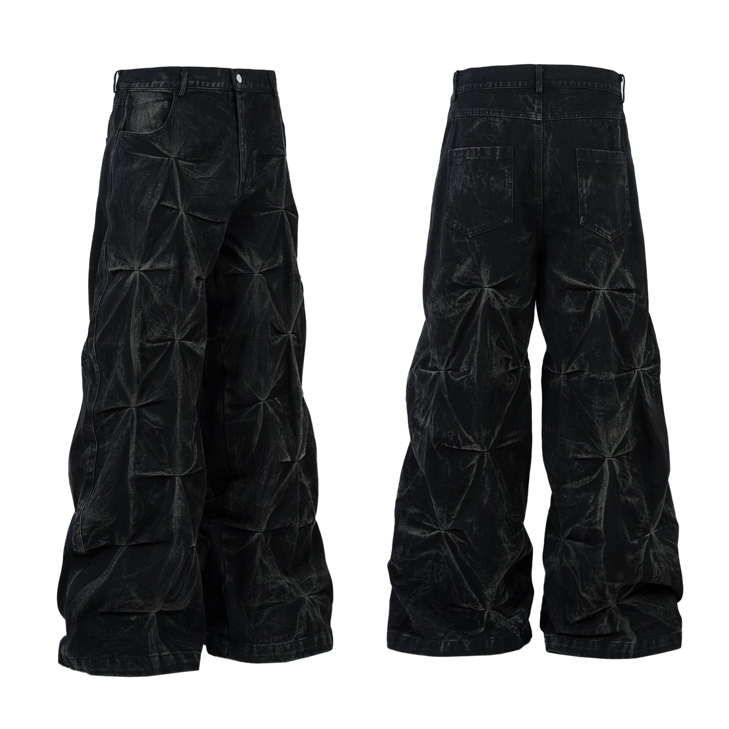 Washed Distressed Pleated Baggy Jeans