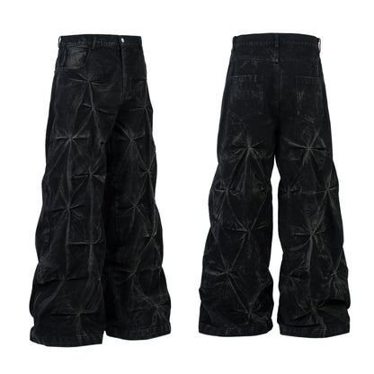 Washed Distressed Pleated Baggy Jeans