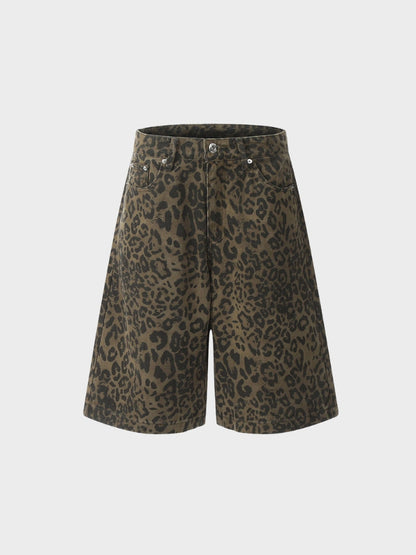 Leopard Print Wide-Leg Denim Shorts Women's