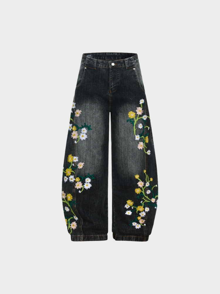 Revelse™ Baggy Wide-Leg Cotton Blend Denim Jeans Floral Embroidered