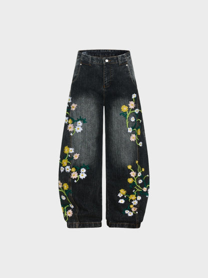 Revelse™ Baggy Wide-Leg Cotton Blend Denim Jeans Floral Embroidered