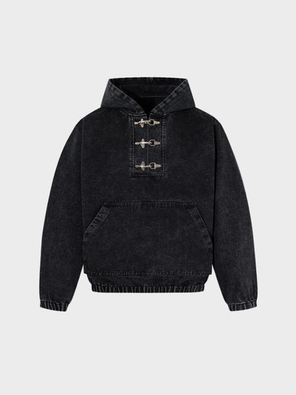 Washed Denim Toggle Front Hoodie Black