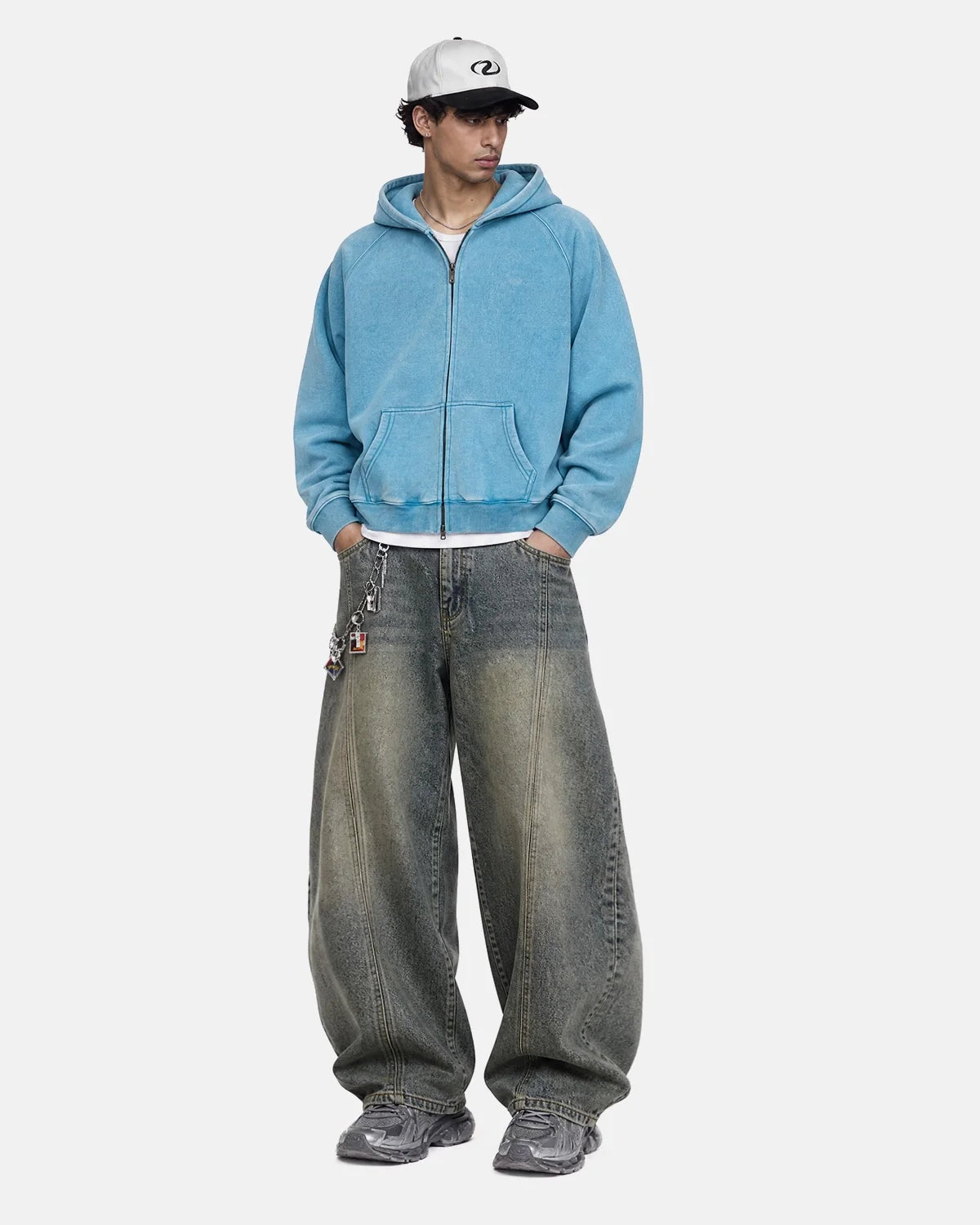Back view of a washed boxy hoodie with a casual oversized silhouette
