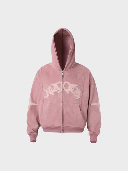 Embroidered Loose-Fit Zip-Up Hoodie