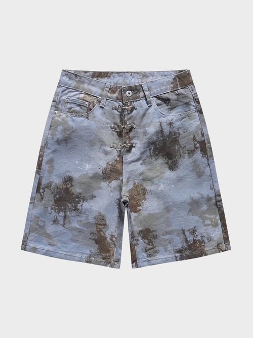 Men's black denim jorts shown from the front on a white background