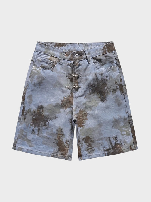 Men's black denim jorts shown from the front on a white background
