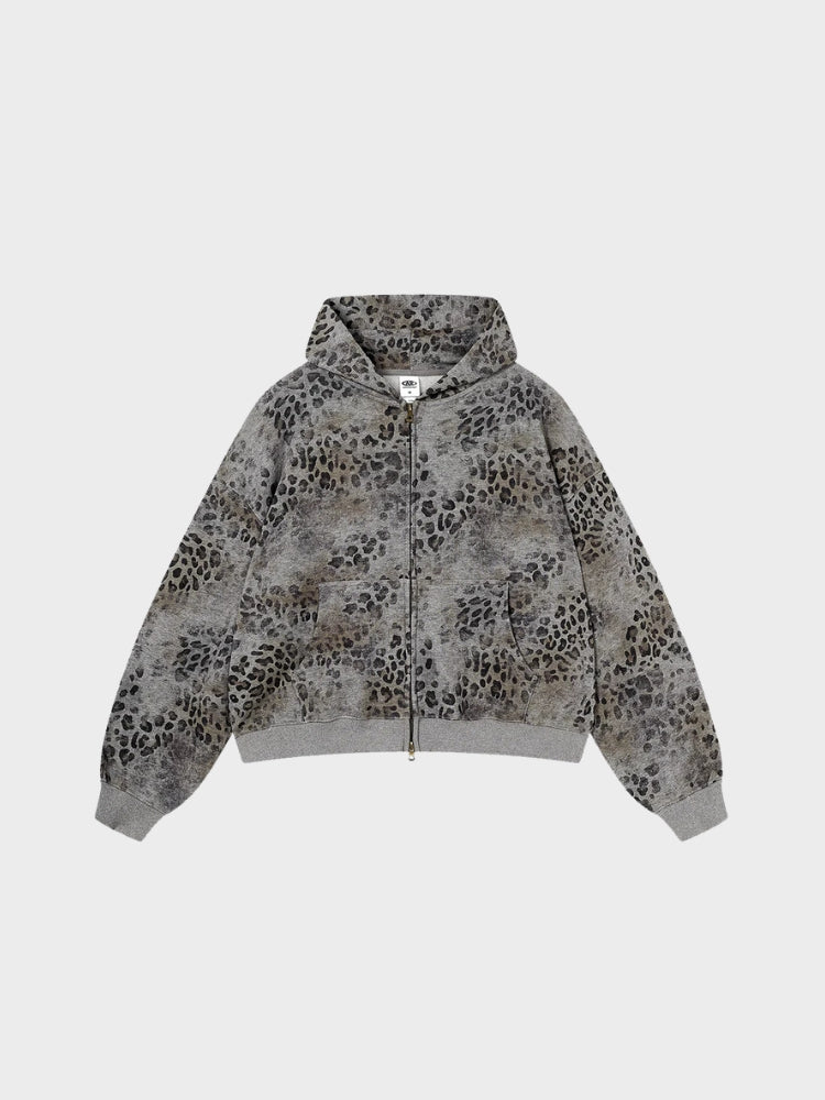 Leopard Print Vintage Washed Zip Hoodie Thick Cotton