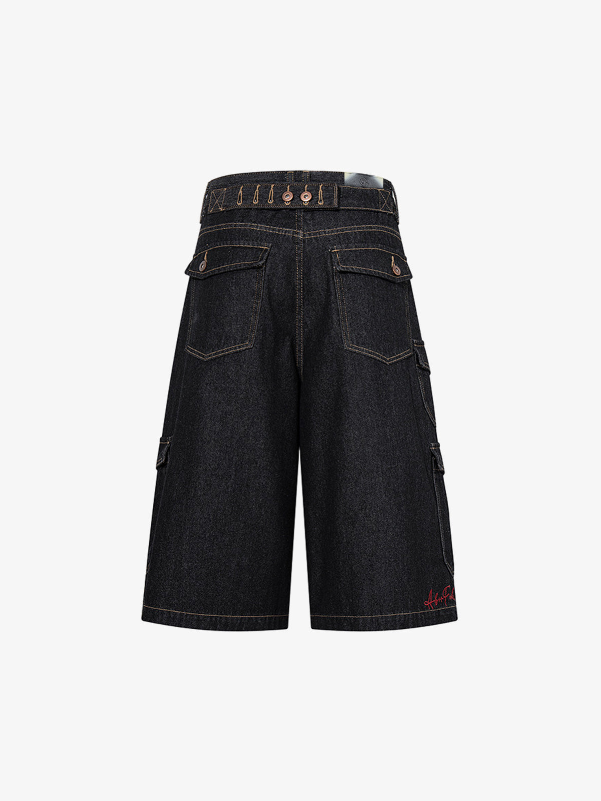 Rear view of dark wash denim shorts in a classic fit