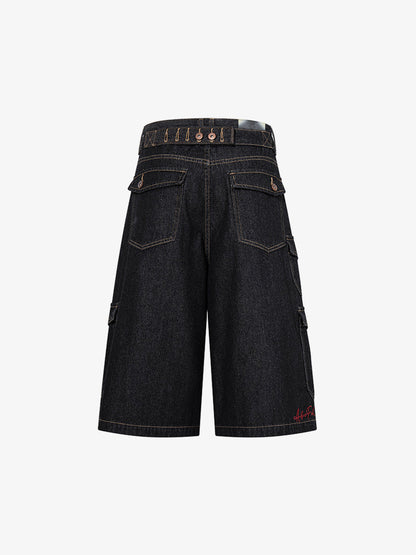 Rear view of dark wash denim shorts in a classic fit