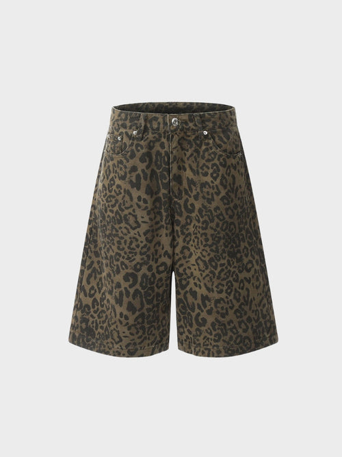 Leopard Print Wide-Leg Denim Shorts Women's