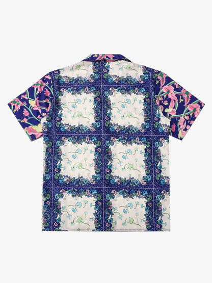 Revelse™  Boxy Cotton Blend Camp Collar Shirt Botanical Print Blue Green