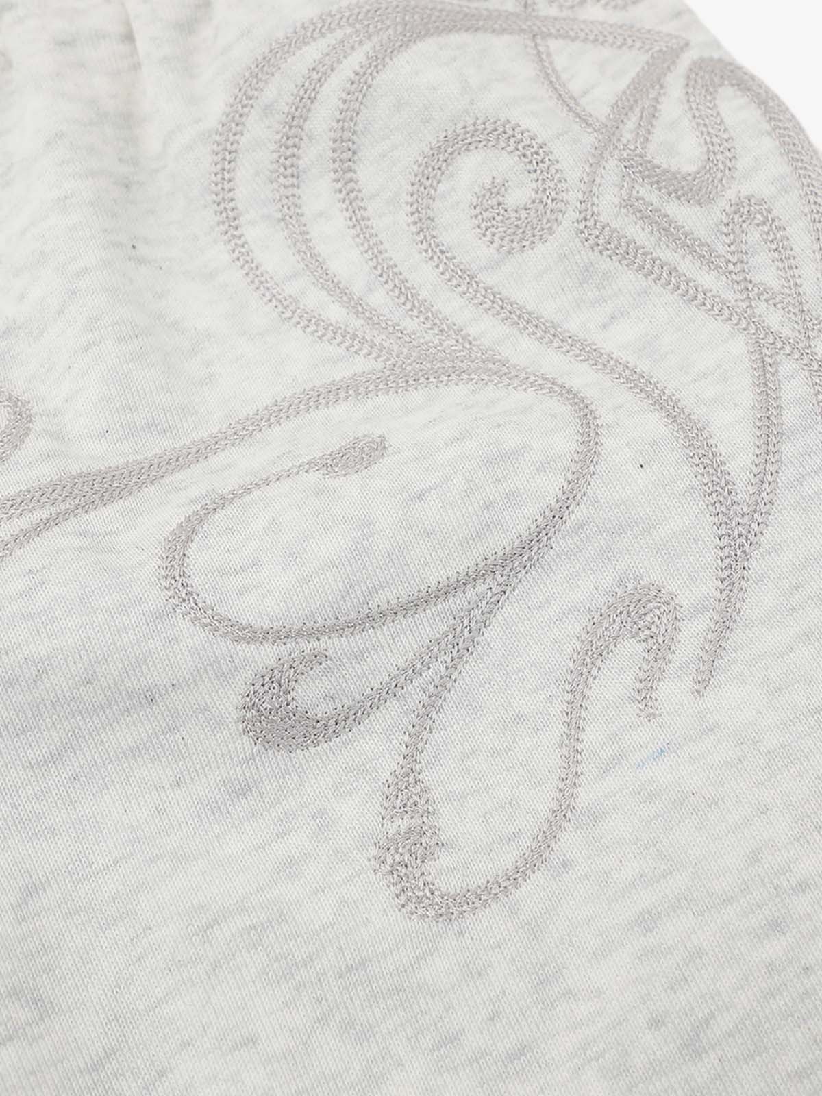 Close-up of graphic detail on men's sweat shorts