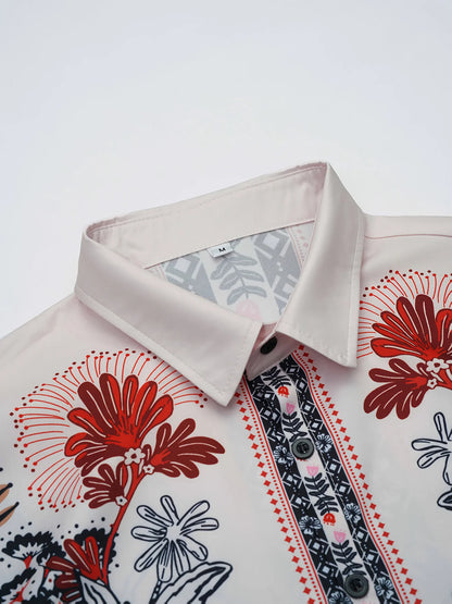 Ethnic Pattern Boxy Fit Short Sleeve Shirt White