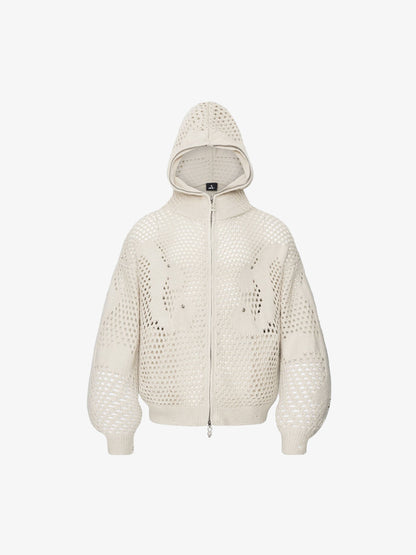 V-neck cardigan showing the openwork knit texture