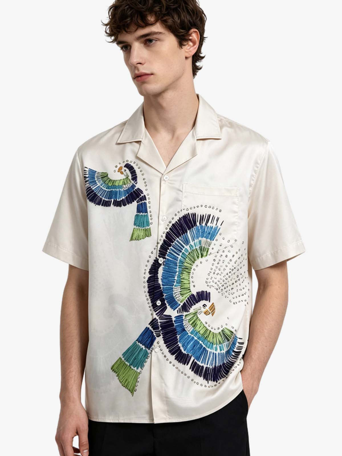 Revelse™  Silk Blend Bird Embroidered Camp Collar Shirt
