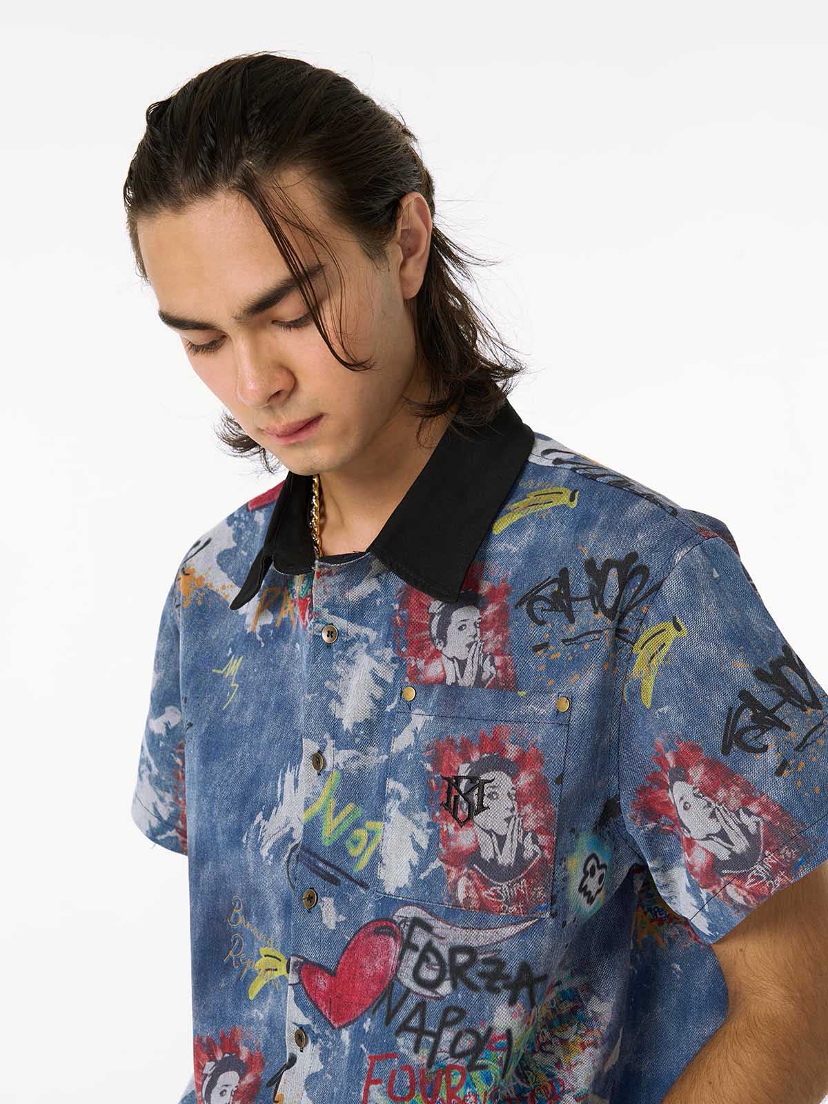 Tie-Dye Denim Polo T-Shirt with Graffiti Print